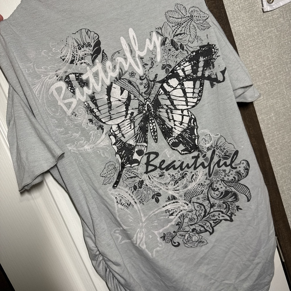 Gray Graphic T-Shirt with Butterfly Design